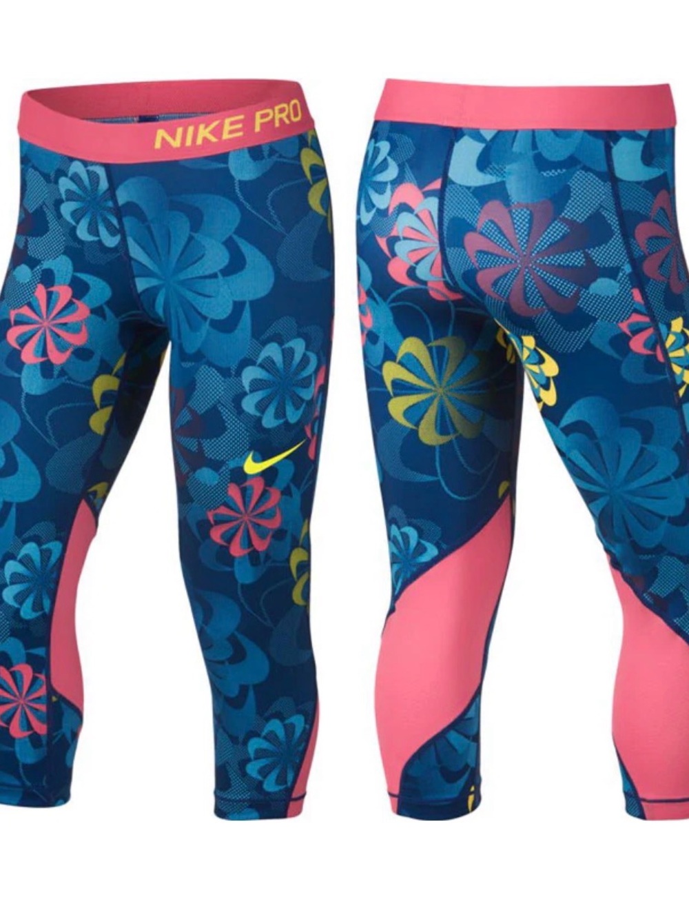 NWT NIKE PRO Floral Capri Leggings in Blue & Pink kids size large